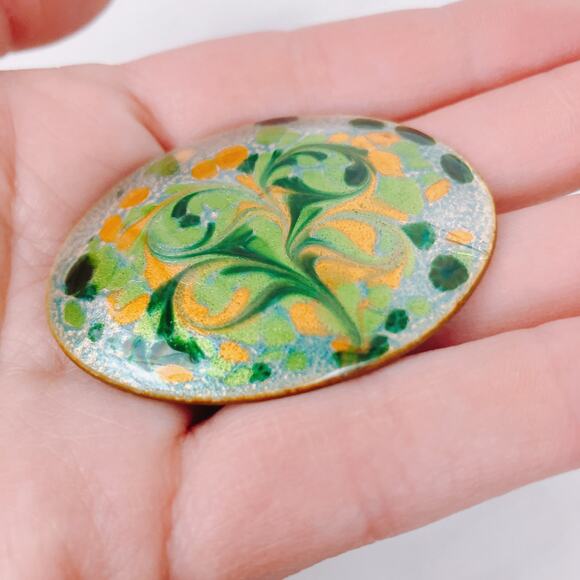 Mid Century Enamel Brooch Signed Inga Copper Abstract Floral Vintage Pin - Picture 3 of 7